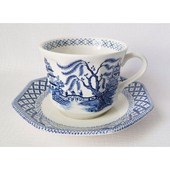 4 Vintage Meakin J.&G. Royal Staffordshire Willow Ironstone Octagonal Cup and Sa - Picture 3 of 6